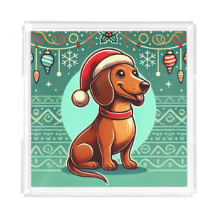 Festive Dachshund Wearing Santa Hat Acrylic Tray