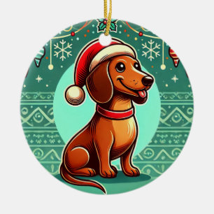 Festive Dachshund Wearing Santa Hat Ceramic Ornament