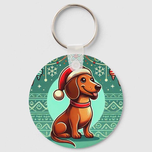 Festive Dachshund Wearing Santa Hat Keychain (Front)