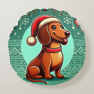 Festive Dachshund Wearing Santa Hat Round Pillow