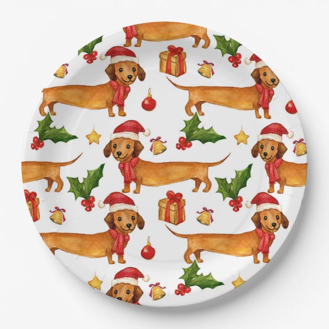 Festive dachshunds Christmas pattern Paper Plates (Front)