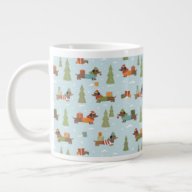 Festive Dachshunds in the Snow Pattern Giant Coffee Mug (Left)