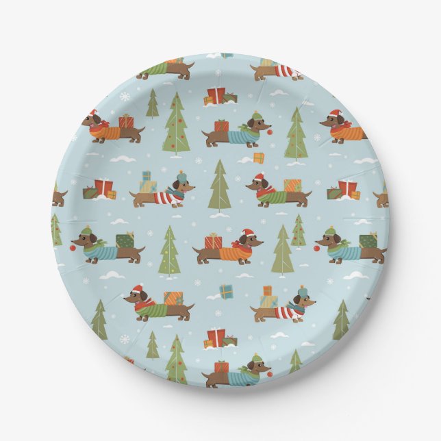 Festive Dachshunds in the Snow Pattern Paper Plates (Front)