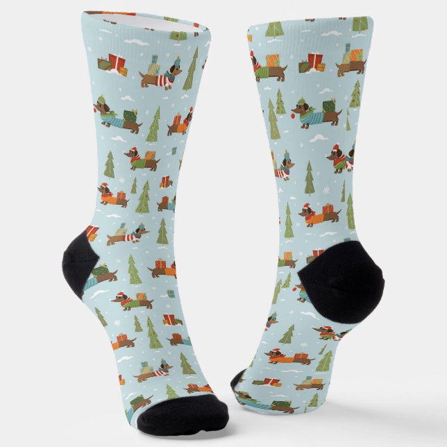Festive Dachshunds in the Snow Pattern Socks (Angled)