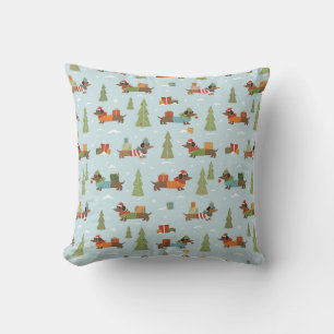 Festive Dachshunds in the Snow Pattern Throw Pillow