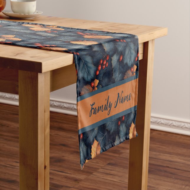 Festive Dark Blue Leaf and Berry Pattern Short Table Runner (In Situ)