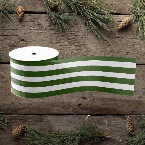 Festive Dark Green White Striped Grosgrain Ribbon