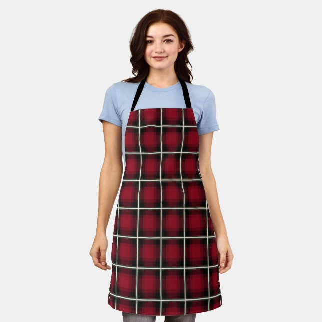 Festive Dark Red, White, Green & Brass Plaid Apron (Worn)