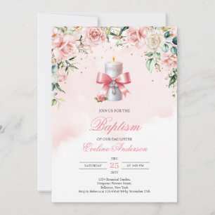 Festive decorated candle with ribbon and cross invitation