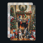 Festive decorated room, fireplace, cats, vintage  cards<br><div class="desc">This Christmas card features two cats in front of a fireplace in a festively decorated living room. Vintage look. Send Christmas greetings to your friends and family. Custom text and back.</div>