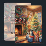 Festive decorated room, fireplace, dogs, vintage<br><div class="desc">This Christmas card features two dogs in front of a fireplace in a festively decorated living room with many gifts under the Christmas tree. Vintage look. Send Christmas greetings to your friends and family. Custom text and back.</div>