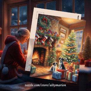 Festive decorated room, fireplace, dogs, vintage postcard