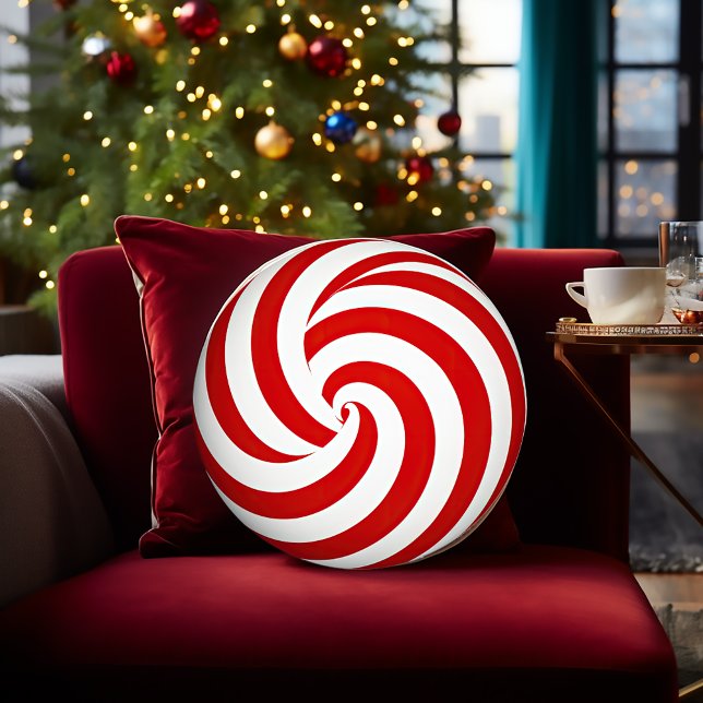 Festive Decorative Peppermint Print  Round Pillow (Festive Peppermint Pattern Decorative Round Christmas Pillow)