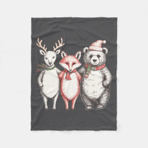 Festive Deer, Fox, Bear Retro Cottagecore Vintage  Fleece Blanket
