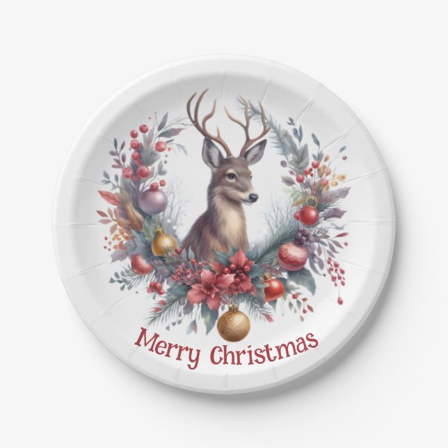 Festive Deer in a Holiday Wreath 2 -  Paper Plates (Front)