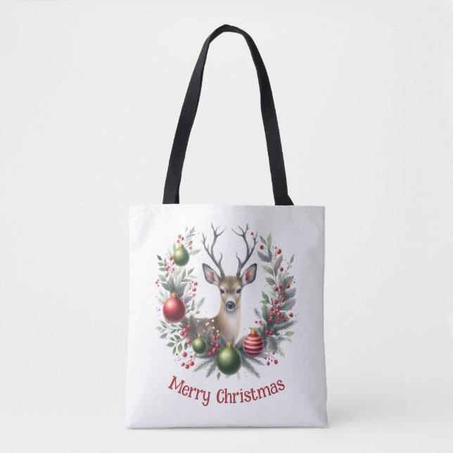 Festive Deer in a Holiday Wreath 4 -  Tote Bag (Front)