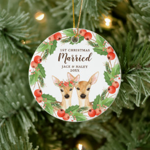 Festive Deer Personalized 1st Christmas Married Ceramic Ornament