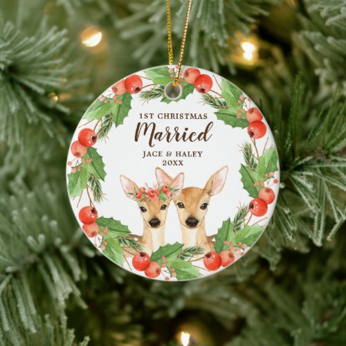 Festive Deer Personalized 1st Christmas Married Ceramic Ornament