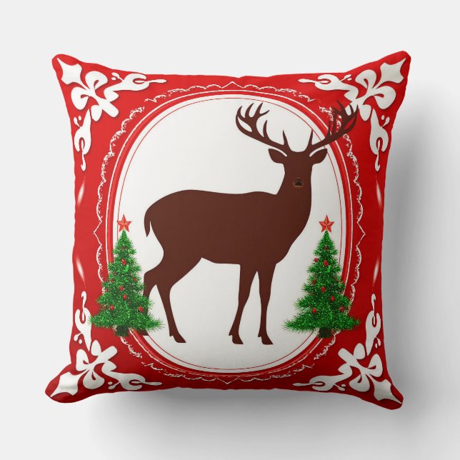 Festive Deer Silhouette with Christmas Trees Throw Pillow (Front)