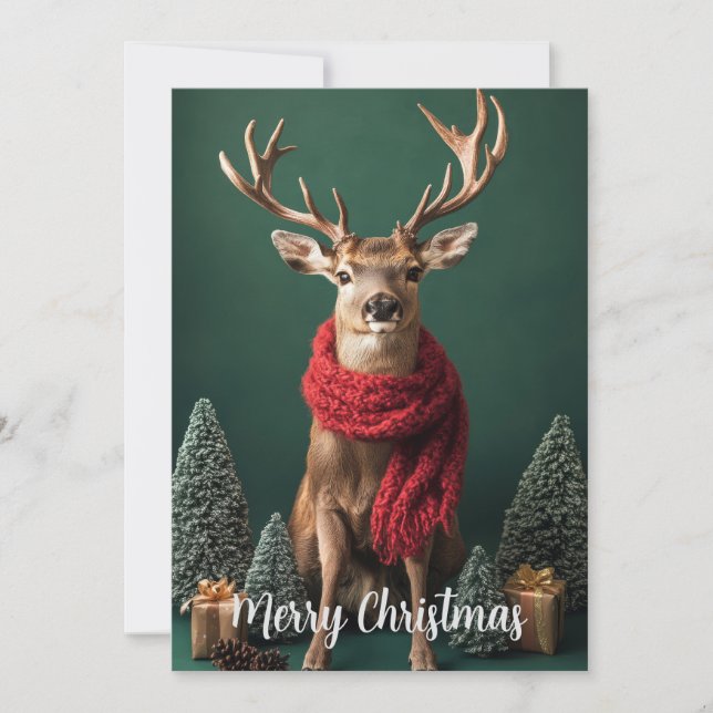 Festive Deer with Red Scarf Christmas Art Holiday Card (Front)