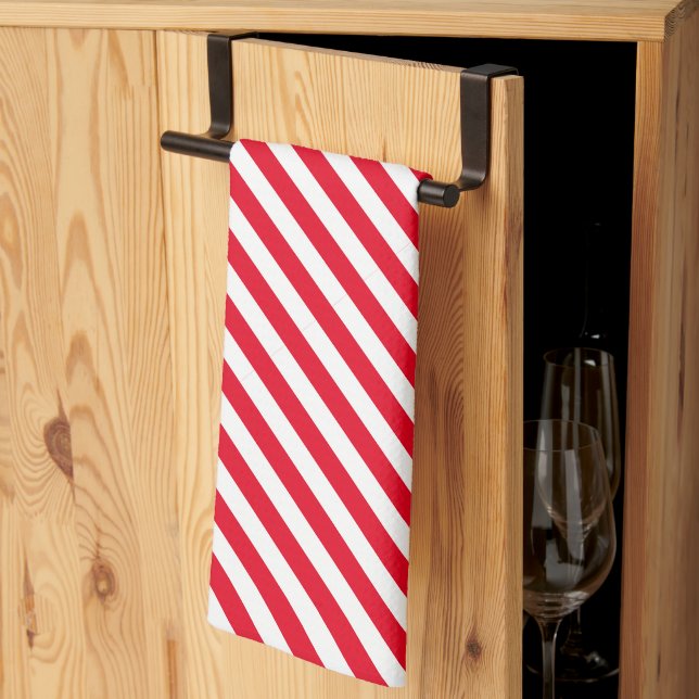 Festive Diagonal White and Red Striped  Kitchen Towel (Thirds Fold)