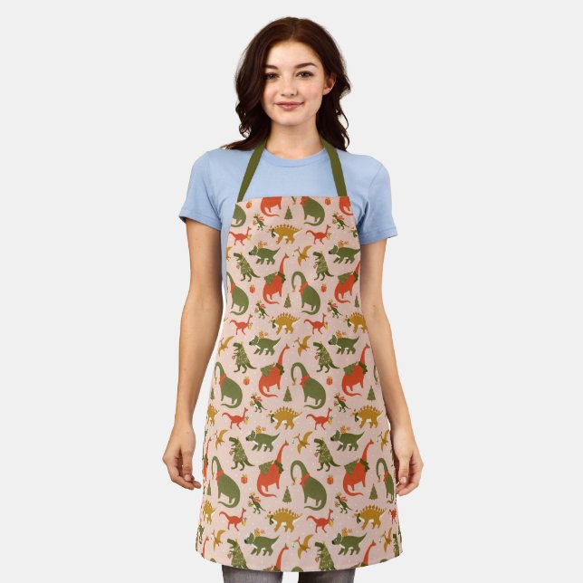 Festive Dinosaur Christmas Tree Holiday Pattern Apron (Worn)