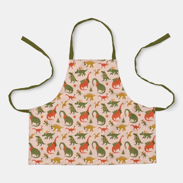 Festive Dinosaur Christmas Tree Holiday Pattern Apron (Front)