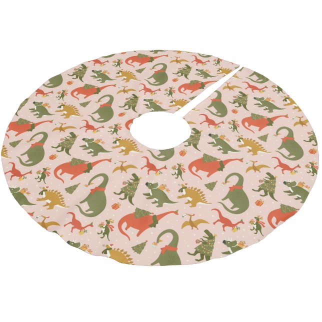 Festive Dinosaur Christmas Tree Holiday Pattern Brushed Polyester Tree Skirt (Angled)