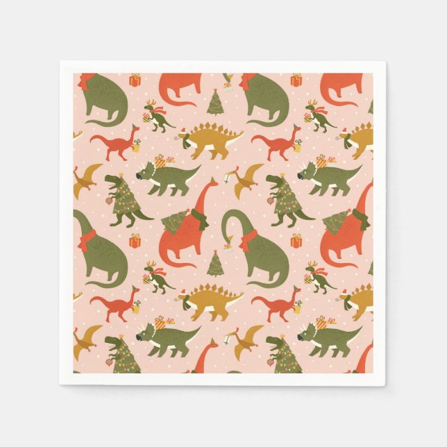 Festive Dinosaur Christmas Tree Holiday Pattern Napkins (Front)