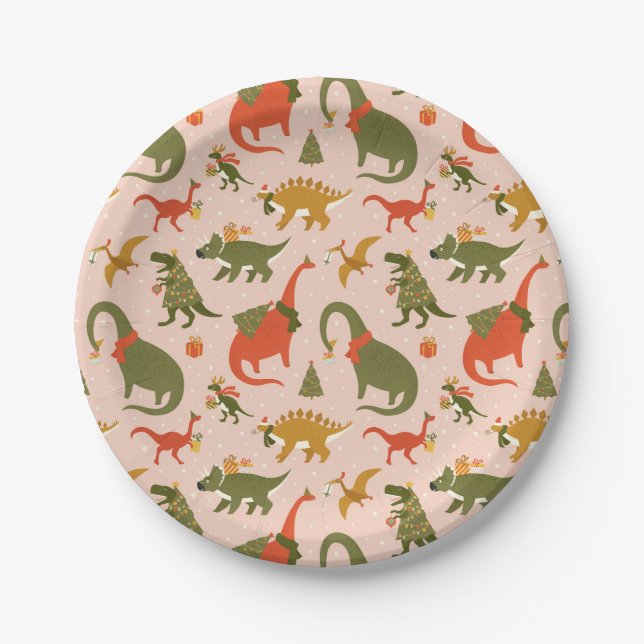 Festive Dinosaur Christmas Tree Holiday Pattern Paper Plates (Front)