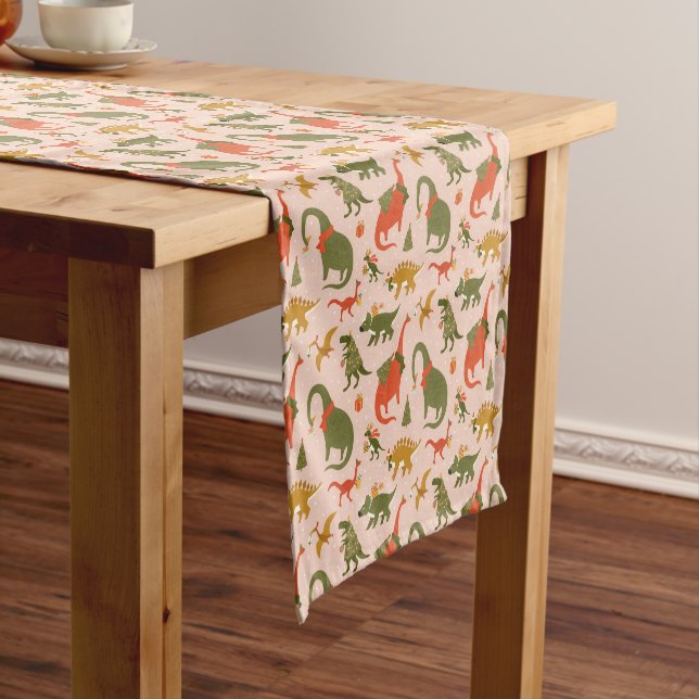 Festive Dinosaur Christmas Tree Holiday Pattern Short Table Runner (In Situ)
