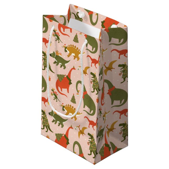 Festive Dinosaur Christmas Tree Holiday Pattern Small Gift Bag (Front Angled)