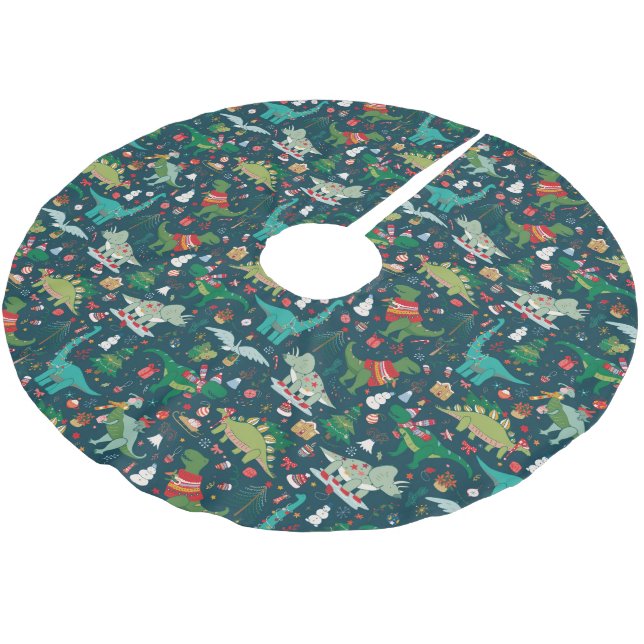 Festive Dinosaurs Christmas Pattern Brushed Polyester Tree Skirt (Angled)