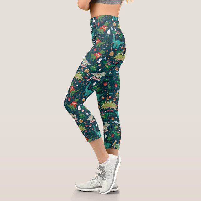Festive Dinosaurs Christmas Pattern Capri Leggings (Left)