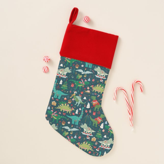 Festive Dinosaurs Christmas Pattern Christmas Stocking (Front)