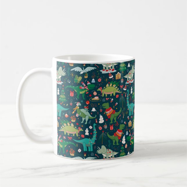 Festive Dinosaurs Christmas Pattern Coffee Mug (Left)