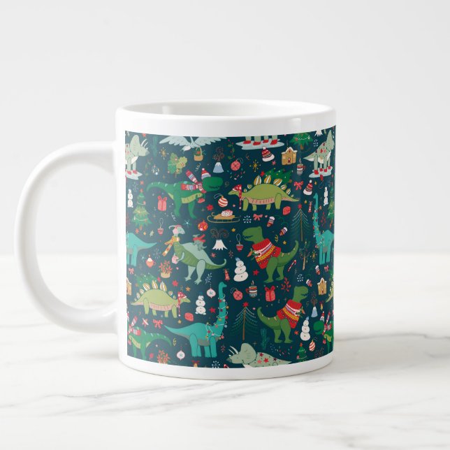 Festive Dinosaurs Christmas Pattern Giant Coffee Mug (Left)