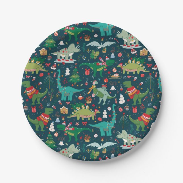 Festive Dinosaurs Christmas Pattern Paper Plates (Front)