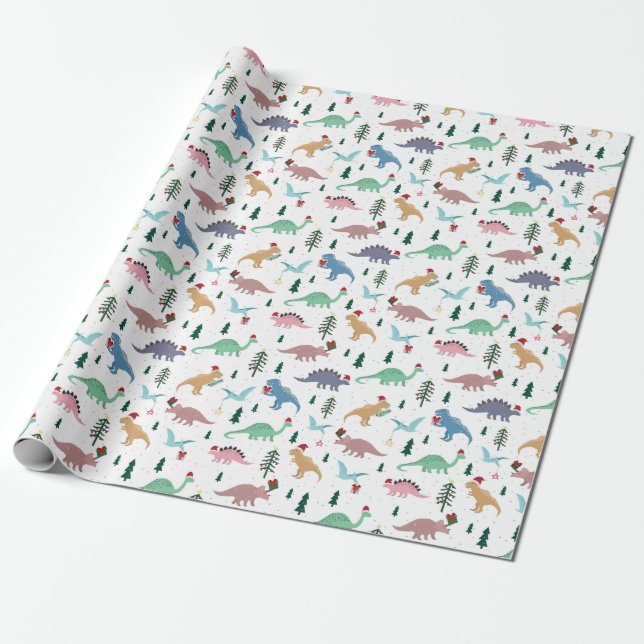Festive Dinosaurs Christmas Pattern Wrapping Paper (Unrolled)
