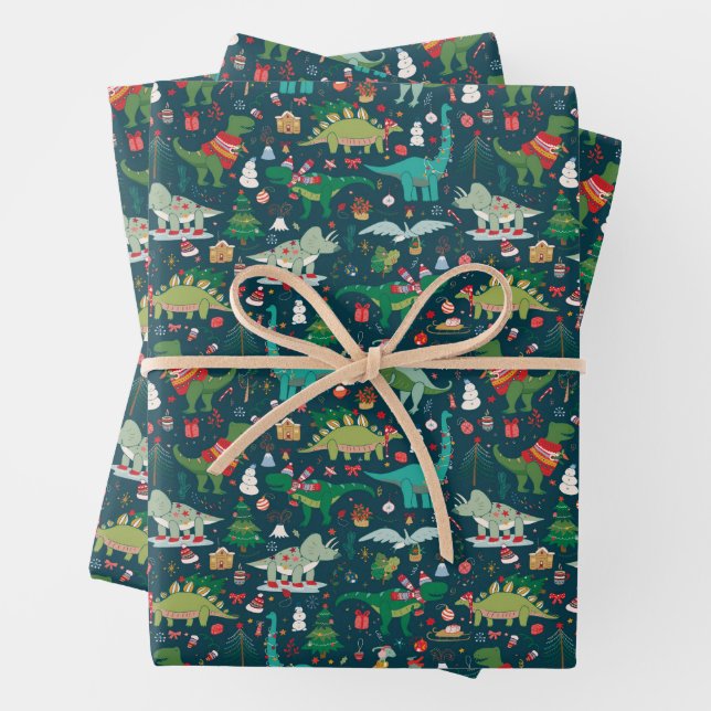 Festive Dinosaurs Christmas Pattern Wrapping Paper Sheets (In situ)