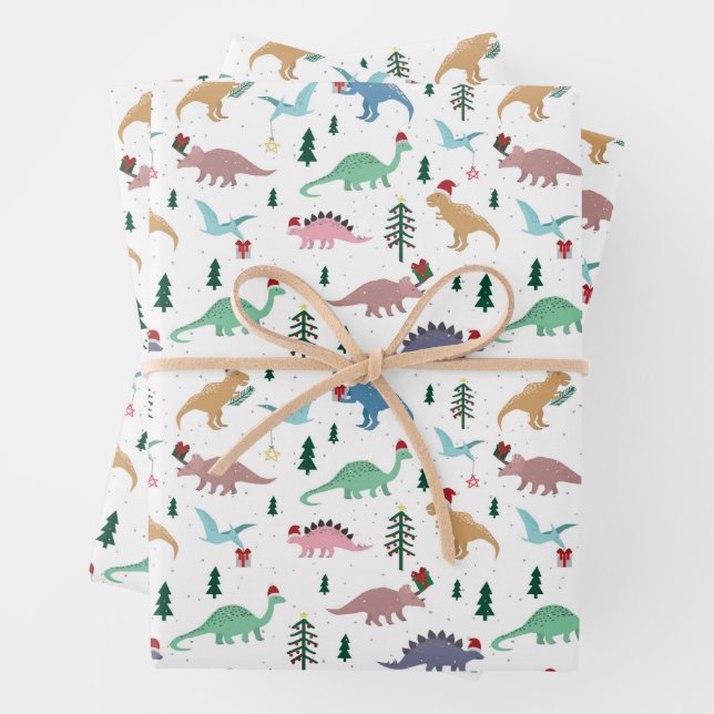 Festive Dinosaurs Christmas Pattern Wrapping Paper Sheets (In situ)