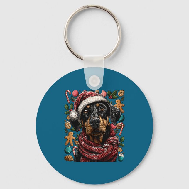 Festive Doberman With Santa Hat Snowy Winter Chris Keychain (Front)
