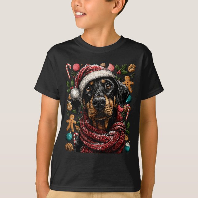 Festive Doberman With Santa Hat Snowy Winter Chris T-Shirt (Front)