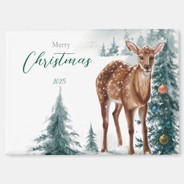 Festive Doe in a Snowy Forest Magnet (Front)
