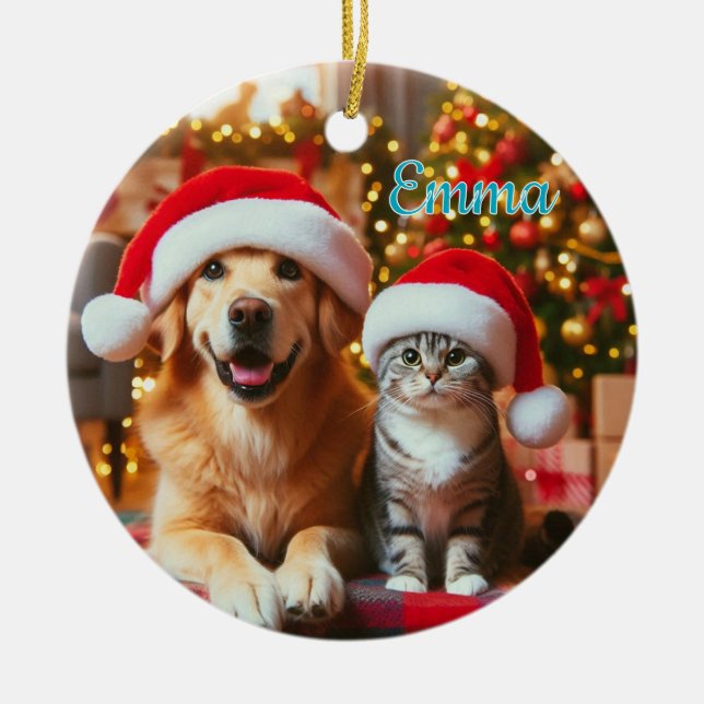 Festive Dog and Cat Christmas Ceramic Ornament (Front)