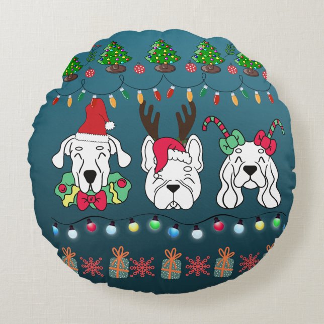 Festive Dog Christmas Pattern-cute holiday dogs Round Pillow (Front)