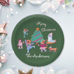 Festive Dog Ice Skating Name Green Christmas Party Paper Plates