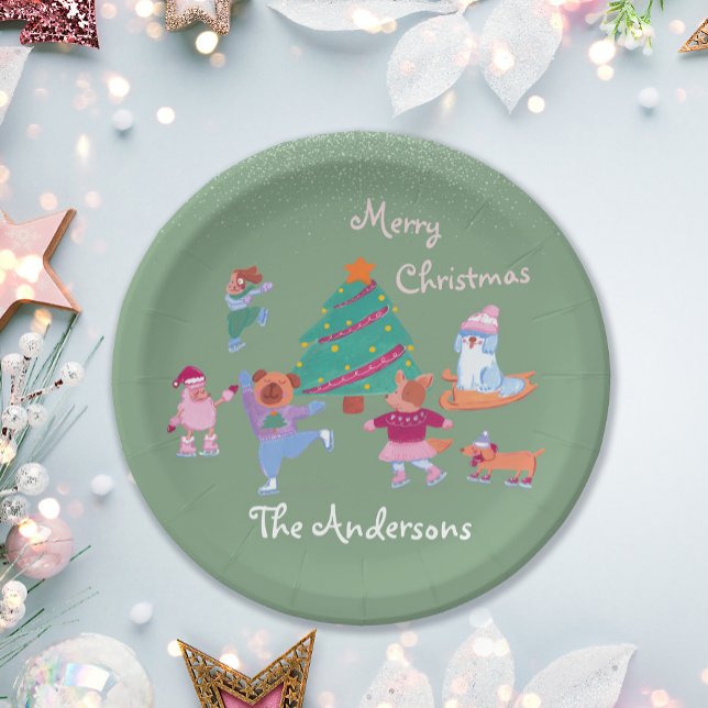 Festive Dog Ice Skating Name Pistachio Green Xmas Paper Plates (Creator Uploaded)