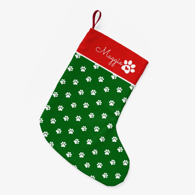 Festive Dog Paw Print  Custom Name Small Christmas Stocking (Front (Hanging))