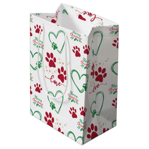 Festive DOG PAW PRINTS and LOVE HEARTS Christmas Medium Gift Bag